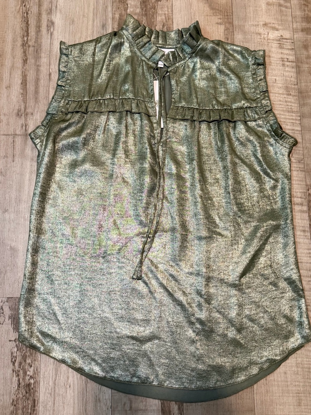 KARMAMIA Copenhagen Nellie Blouse Gold Metallic Ruffle Tie Neck S/M NWT